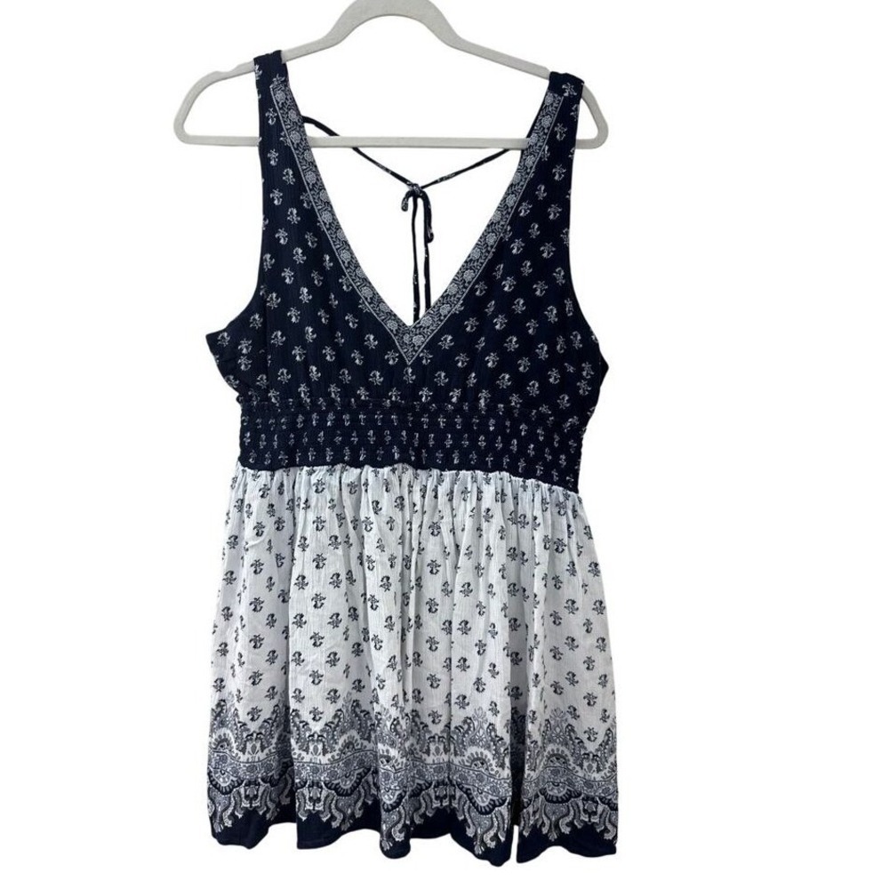 Aeropostale Boho Babydoll Tank Top XL‎ Blue White Floral Lace Trim Sleeveless